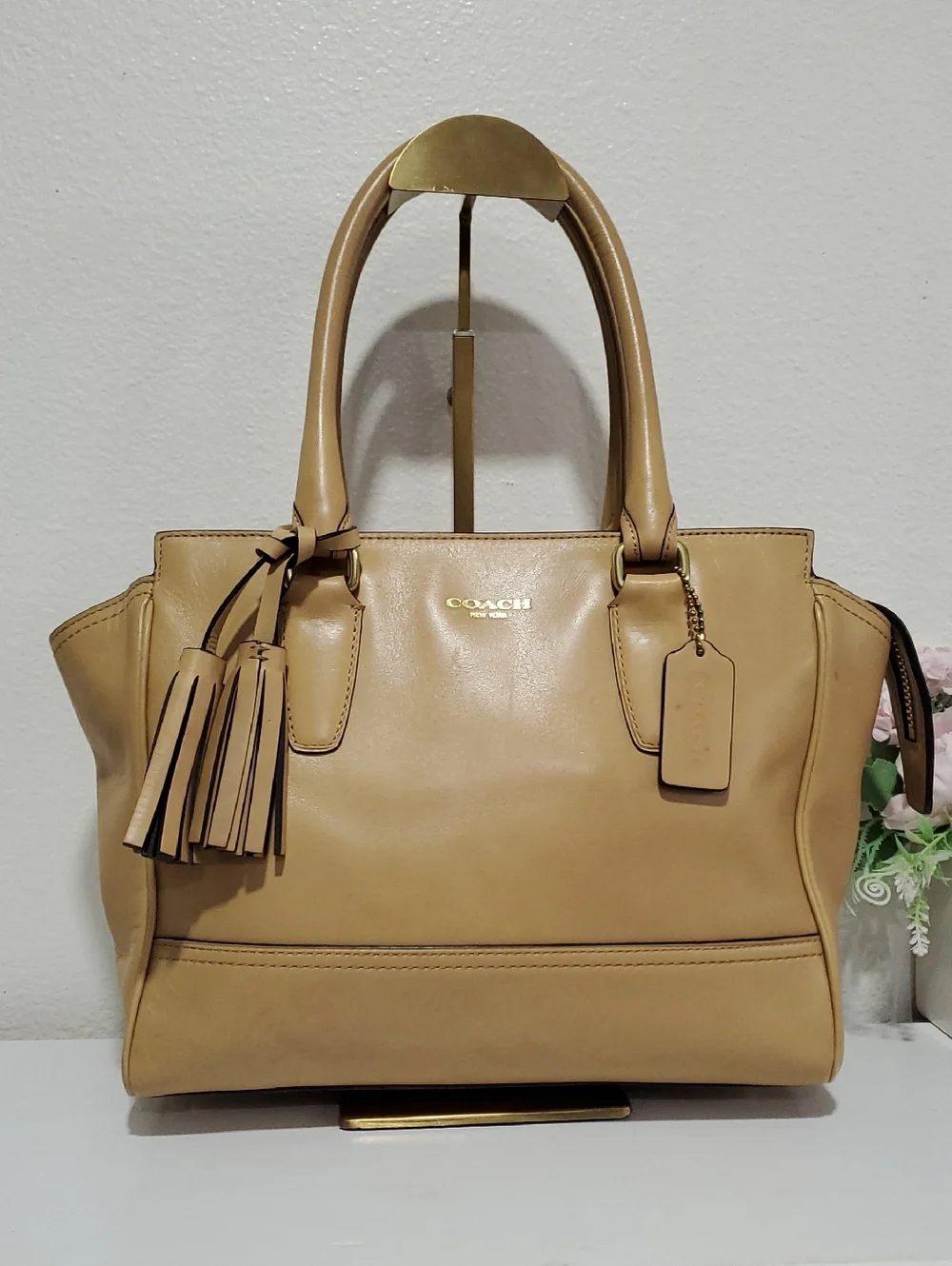 Coach Tan Leather Tote with Tassel Charm